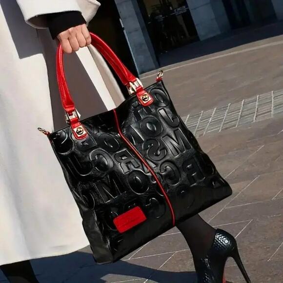 Genuine Leather Letter Embossed Tote Bag - Black/Red - Picture 1 of 7
